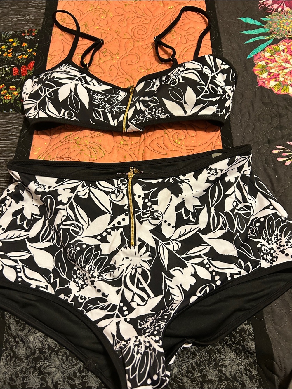Victoria's Secret Black and White Floral Bikini Bottoms - Excellent Condition